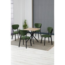 Elma Modeli Kare Mutfak Masa Sandalye Takımı, 4 Sandalye 1 Sabit Ceviz Masa  70X70 Cm, Keten Kumaş