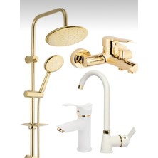 Kca Gold Robot Duş, Banyo, Beyaz Gold Kartal Lavabo, Mutfak Bataryası Musluğu Çeşmesi 4’lü Set