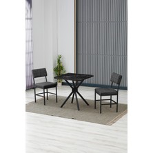 Dubai Modeli Kare Mutfak Masa Sandalye Takımı 2 Sandalye 1 Siyah Mermer Desen Masa 70X70 Keten Kumaş