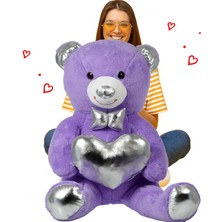 140 cm Işıltılı Gümüş Papyonlu, Kalp Tutan Peluş Ayı, Sevgiliye Özel Seri Hediye