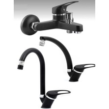 Siyah Krom Lavabo- Mutfak- Banyo Bataryası Çeşmesi Musluğu 3’lü Set