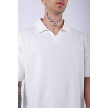 Unisex Polo Yaka Düz Ekru Oversize T-Shirt
