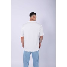 Unisex Polo Yaka Düz Ekru Oversize T-Shirt