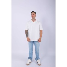 Unisex Polo Yaka Düz Ekru Oversize T-Shirt