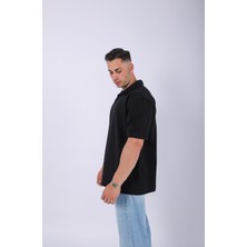 Unisex Polo Yaka Düz Siyah Oversize T-Shirt