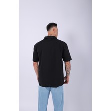 Unisex Polo Yaka Düz Siyah Oversize T-Shirt