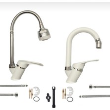 Kca Beyaz 2 Fonksiyonlu Mutfak Oynar Başlıklı Banyo Lavabo Bataryası Musluğu 2’li Set
