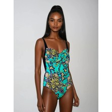 Kadın Siyah Turkuaz Desenli Mayo HZL25S-LC6279