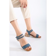 Kadın Hakiki Deri Bantlı Alçak Topuklu Sandalet - Kot Mavi