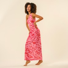 Protı Dijital Baskılı Asimetrik Polyester Elbise - Pembe