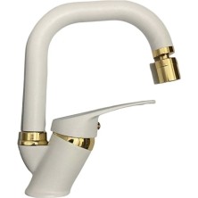 Beyaz Gold Banyo Lavabo Bataryası Musluğu Çeşmesi Oynar Başlıklı