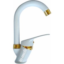 Beyaz Gold Banyo Lavabo Bataryası Musluğu Çeşmesi Oynar Borulu Çift Su Girişli