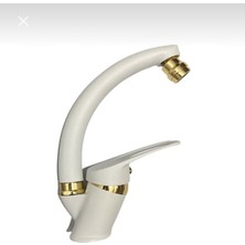 Beyaz Gold Lüx Lavabo Bataryası Musluğu Çeşmesi Oynar Başlıklı