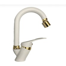 Kca Beyaz Gold Lüx Banyo Lavabo Bataryası Çeşmesi Musluğu Oynar Uçlu