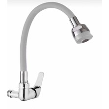 Duvardan Tek Su Çıkışlı Beyaz 2 Fonksiyonlu Spiral Oynar Borulu Lavabao Mutfak Bataryası