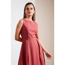 Lela Bisiklet Yaka Regular Fit Cepli Pileli Midi Elbise Bayan Elbise 6051963
