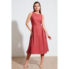 Lela Bisiklet Yaka Regular Fit Cepli Pileli Midi Elbise Bayan Elbise 6051963