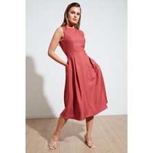 Lela Bisiklet Yaka Regular Fit Cepli Pileli Midi Elbise Bayan Elbise 6051963