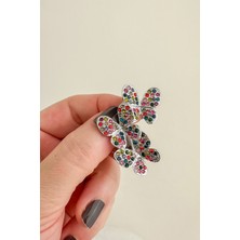 Gümüş Rengi Renkli Taşlı Kelebekler Broş (4cm)