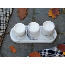 Luminia Çok Yüksek Kaliteli 30CM Tepsili ve Özel Tasarım Gövdeli 4'lü Set Traverten Veya Mermer Soya Mum - Yüksek Kalite Doğal Soya Mum ve Koku Esansı - Damarlı Mermer, Kahve Gümüş Veya Bej Traverten