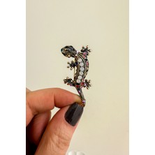 Altın Rengi Renkli Taş Detay Kertenkele Broş (5cm)