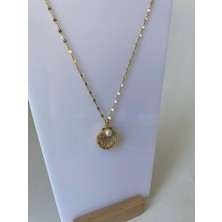 Istiridye Taşlı Incili Çelik Gold Kolye