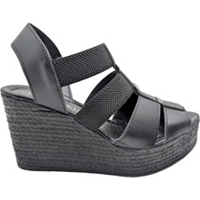 Isandre | Kadın Suni Deri Lastikli Dolgu Topuklu Sandalet - Siyah - 39