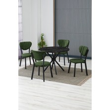 Elma Modeli Yuvarlak Mutfak Masa Sandalye Takımı 4 Sandalye 1 Siyah Mermer Desen Masa 90X90 Keten Kumaş