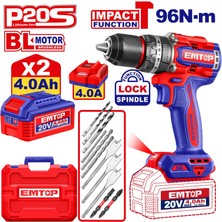 Emtop 20 V 4.0 Ah 96 Nm Darbeli Kömürsüz Motor Metal Mandren Akülü Şarjlı Vidalama Matkap