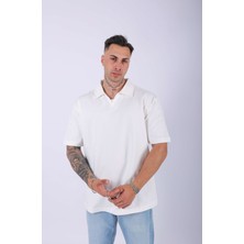 Lescho Unisex Polo Yaka Düz Ekru Oversize T-Shirt