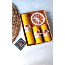 El Yapımı Sabun ve Balmumu Mum Seti, Asetat Kapaklı Kraft Kutu, Sarı Renk