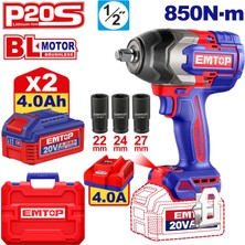 Emtop 20 V 4.0 A.h 850 Nm Akülü Şarjlı Kömürsüz Motor Somun Sıkma 1/2"