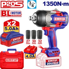 Emtop 20 V 5.0 A.h 1350 Nm Akülü Şarjlı Kömürsüz Motor Somun Sıkma 3/4"