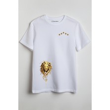Merch&ice 10 Yıldızlı Altın Arslan Baskılı Unisex T-Shirt Beyaz