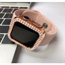 Apple Watch Series 10 46MM Uyumlu Zarif Elmas Taşlı Rose Gold Kasa ve Ekran Koruyucu Kılıf