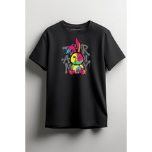 Merch&ice Renkli Kavgacı Tavşan Baskılı Unisex T-Shirt Siyah