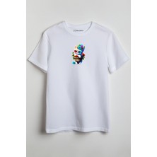 Merch&ice Renkli Gözlüklü Sepette Süslü Kedi Baskılı Unisex T-Shirt Beyaz