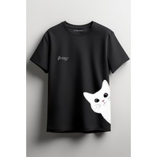 Merch&ice Beyaz Kedi Meow Baskılı Unisex T-Shirt Siyah