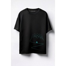 Merch&ice Dağdan Inen Bisiklet Baskılı Unisex Oversize T-Shirt Siyah