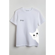 Merch&ice Beyaz Kedi Meow Baskılı Unisex T-Shirt Beyaz