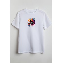 Merch&ice Sigara Içen Kapşonlu Kedi Baskılı Unisex T-Shirt Beyaz