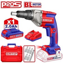 Emtop 20 V 2.0 Ah Şarjlı Akülü Alçıpan Vidalama Kömürsüz Motor