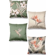 Çift Taraflı Küf Yeşili Hibiskus Desenli 4'lü Süet Kırlent Kılıfı