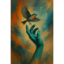 Soi Craft Modern Sanat Çerçeveli Tablo, Kuş ve El Deseni, Turkuaz-Turuncu Renk