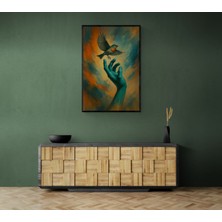 Soi Craft Modern Sanat Çerçeveli Tablo, Kuş ve El Deseni, Turkuaz-Turuncu Renk