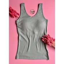 Modal Kumaş | V Yaka Çağla Yeşili Renk Pedli Ribana Kadın T-Shirt-Atlet