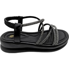 Tresorra - Kadın Taşlı Hafif Dolgu Topuklu Sandalet - Siyah - 37