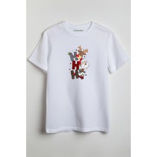 Merch&ice Ho Ho Ho Geyik Noel Baba Yılbaşı Baskılı Unisex T-Shirt Beyaz