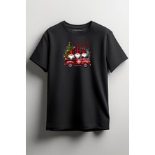 Merch&ice Merry Christmas Kırmızı Şapkalı Noel Cüceleri Baskılı Unisex T-Shirt Siyah