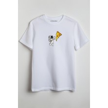 Merch&ice Pizza Astronot Baskılı Unisex T-Shirt Beyaz